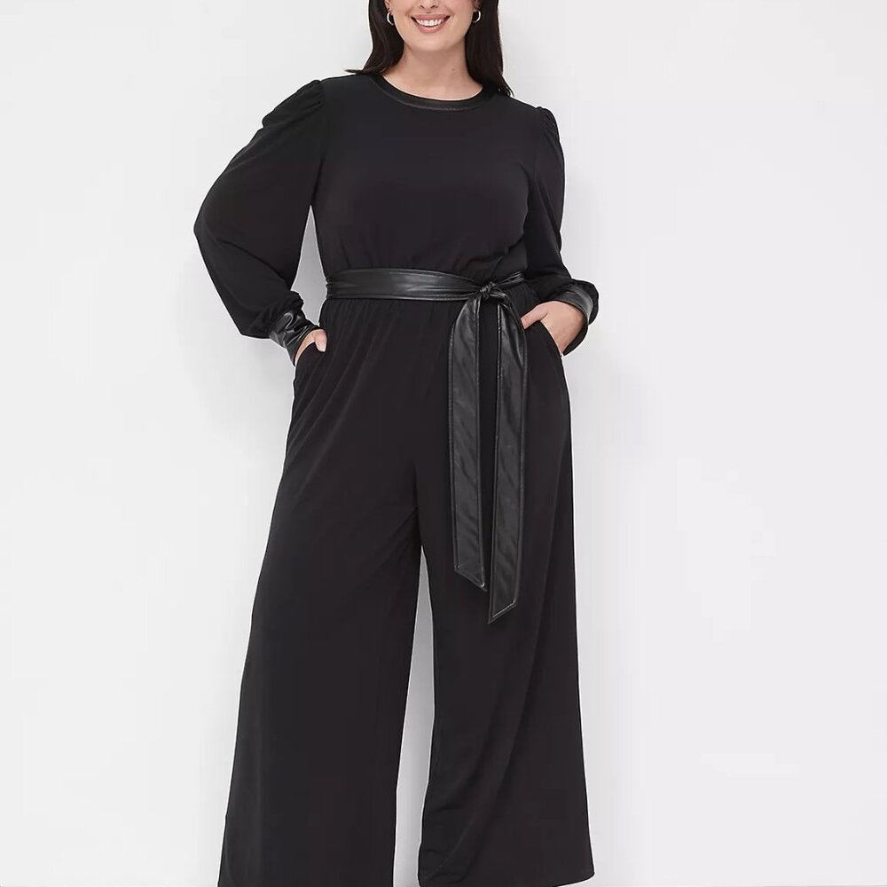 NWT Lane Bryant Petite Plus 22/24 Wide Leg Jumpsuit Faux Leather Belt Black